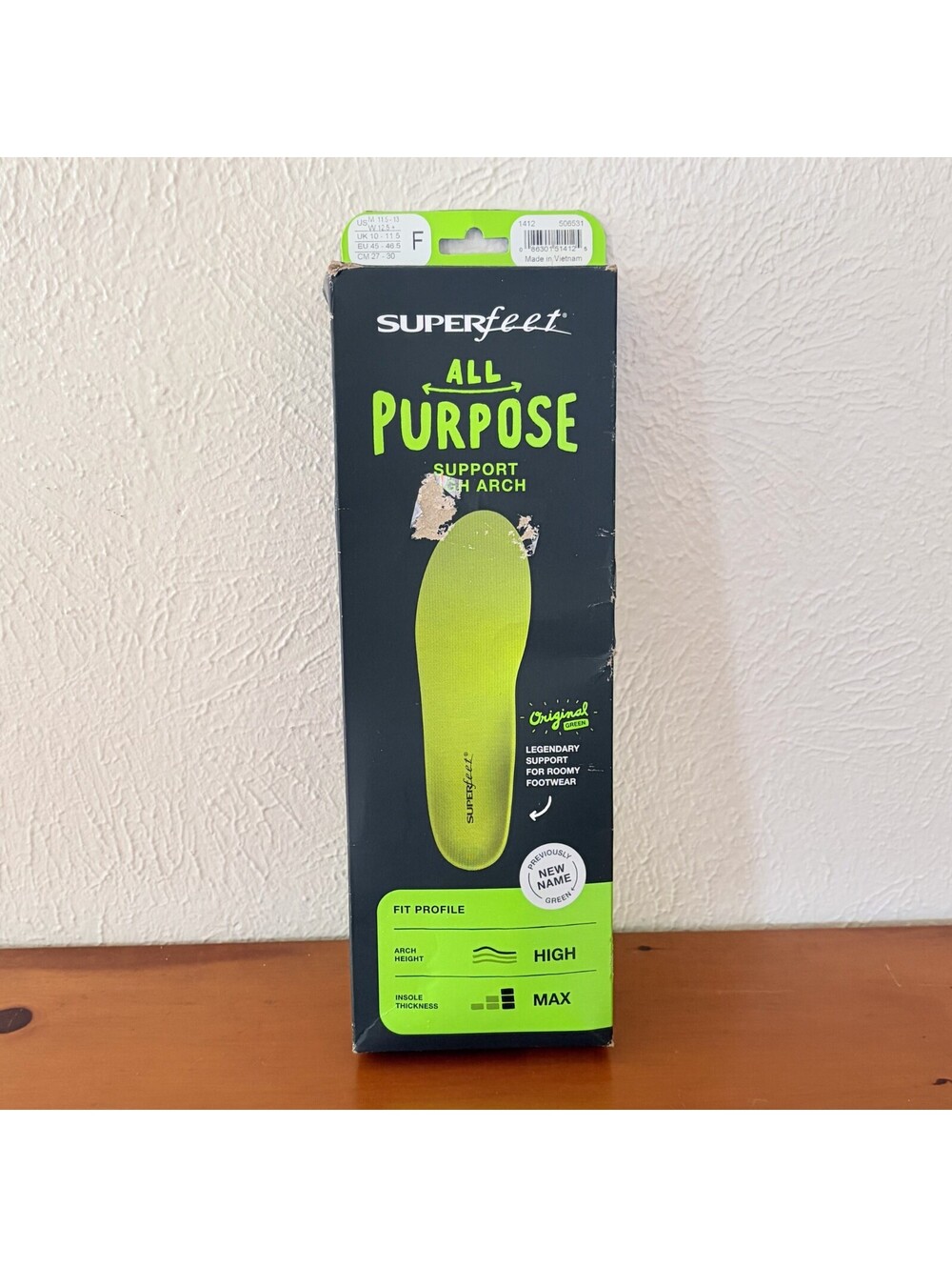 Superfeet All Purpose High Arch Insoles Size F (US M 11.5-13, W 12.5+)